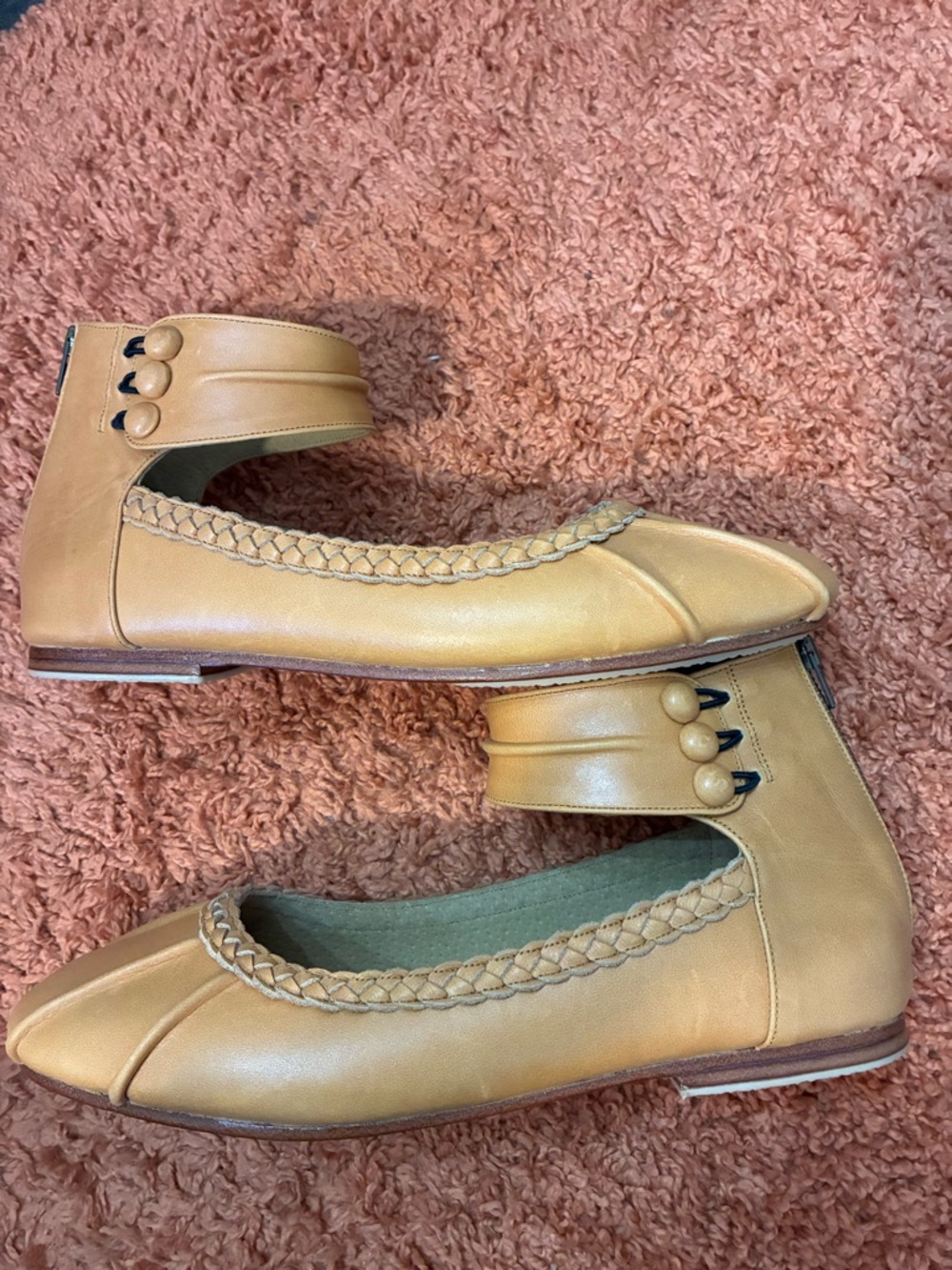 ELF Braided Ankle-Strap Ballet Flats Tan/Mustard. Gorgeous hand made & leather! - Picture 3 of 7